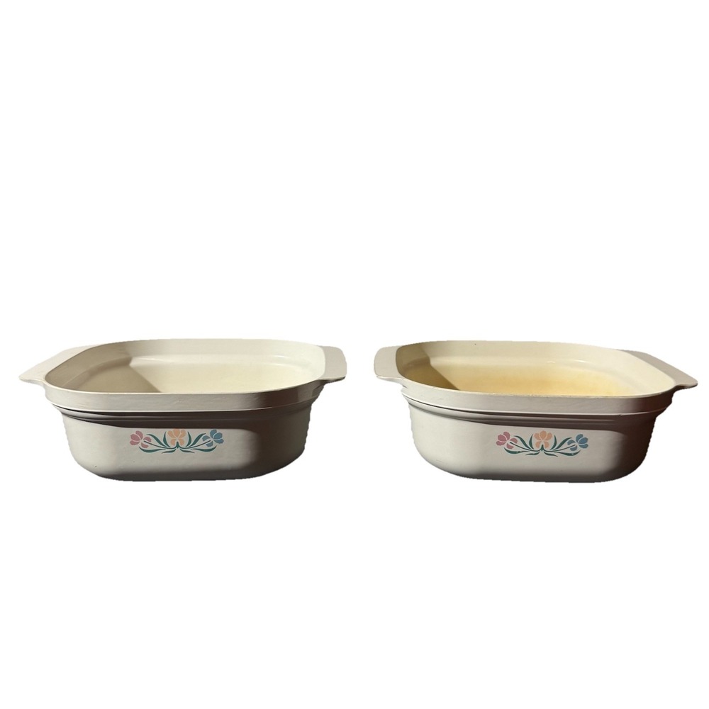 Vintage Anchor Hocking Set of 2 Square Floral Casserole Serving Dishes 1.5 Quart